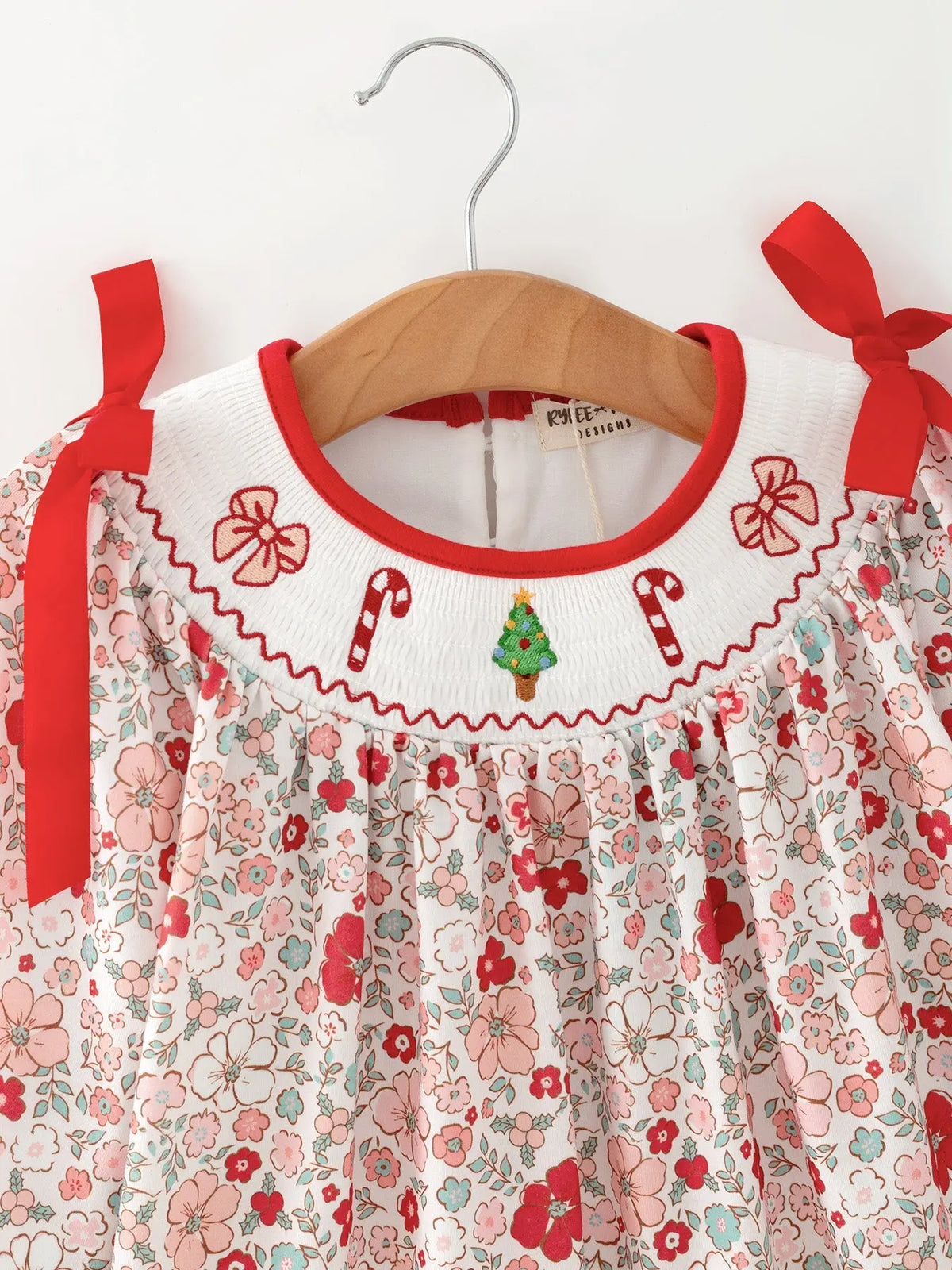 Christmas Red Floral Girls Dress Candy Cane Bow Embroidery Dress Rylee Faith Designs