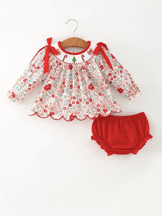 Christmas Red Floral Baby Girl Outfit Set Embroidery Bloomer Set Rylee Faith Designs
