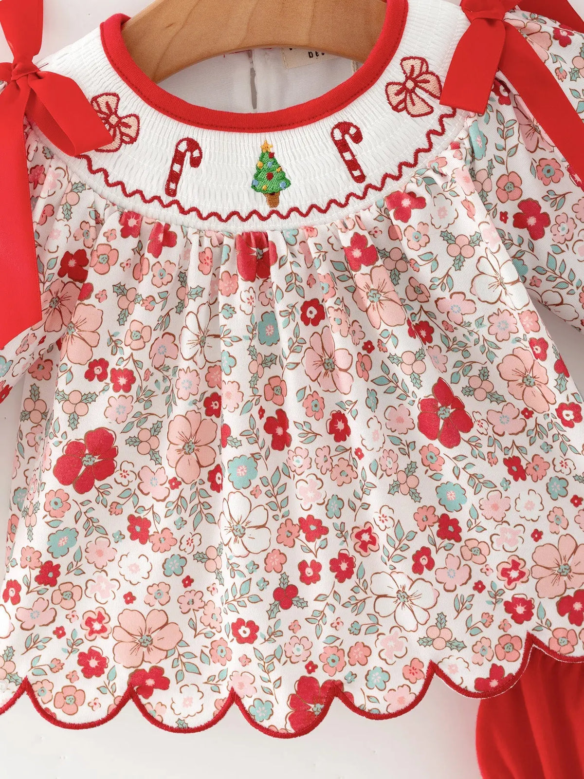 Christmas Red Floral Baby Girl Outfit Set Embroidery Bloomer Set Rylee Faith Designs