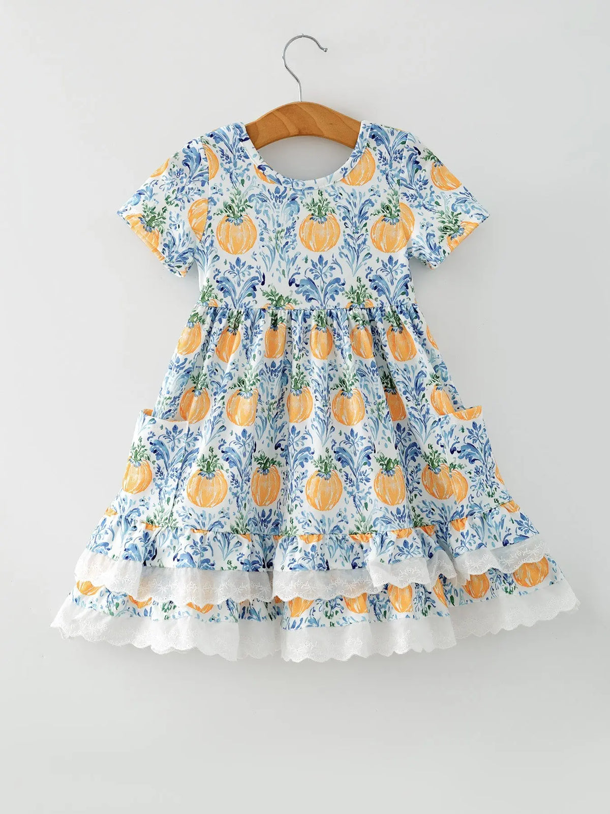 Fall Girls Pumpkin Patch Dress Lace Trim with Pockets