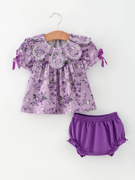 Floral Girls Outfit Set Purple Puff Sleeve Top Bloomers Set Rylee Faith Designs