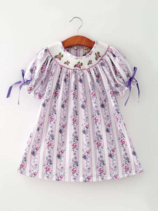 Fall Purple Floral Smocked Embroidered Girl Dress