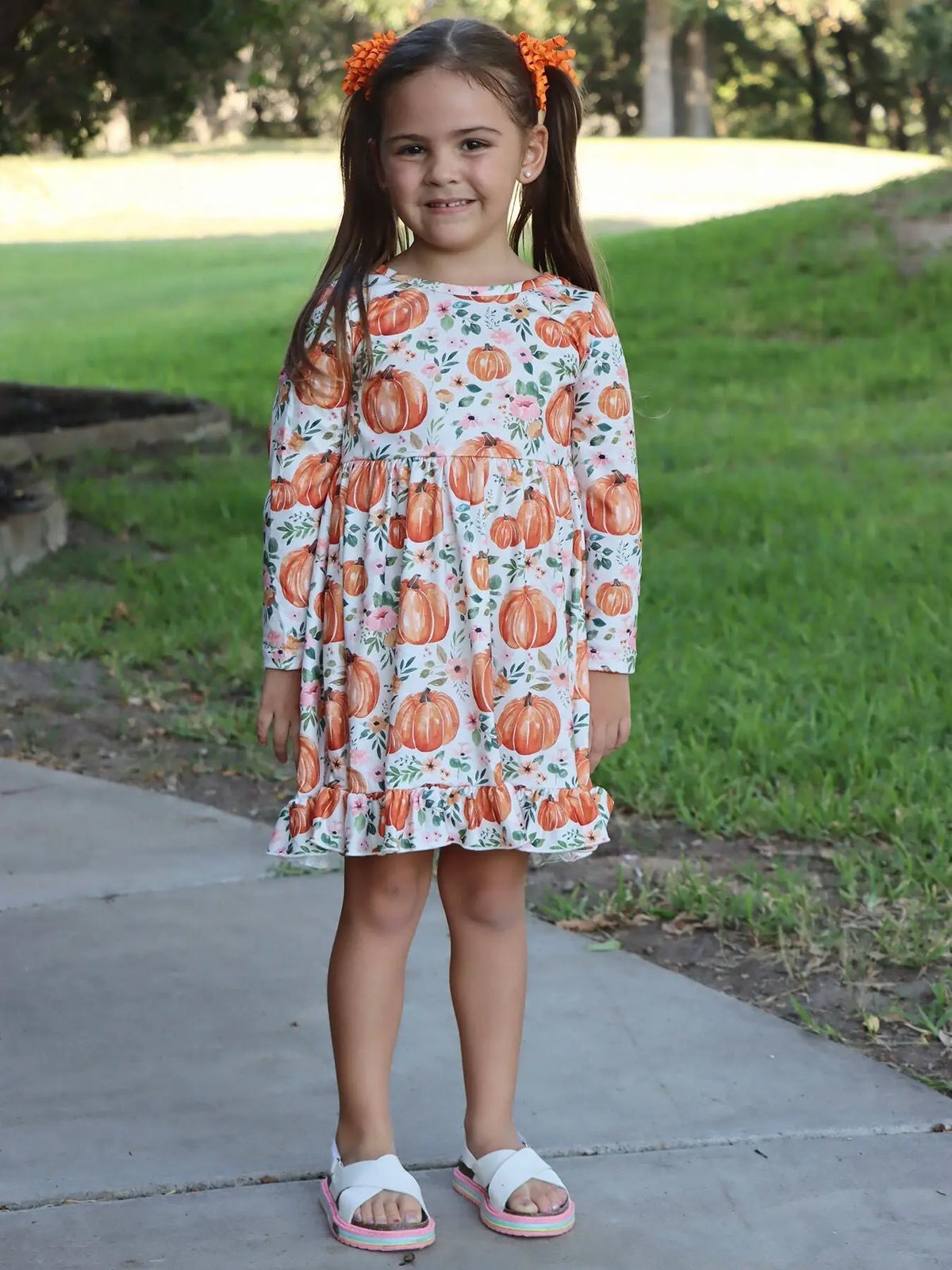 Girls Halloween Pumpkin Print Long Sleeve Dress Rylee Faith Designs