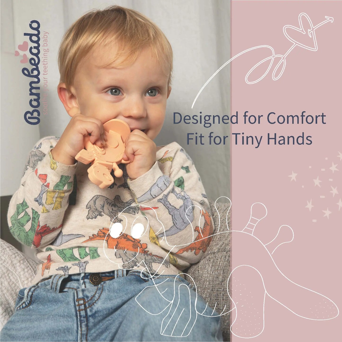 Dibly Baltic Amber & Natural Rubber Dinosaur Teether with Toothbrush Tail