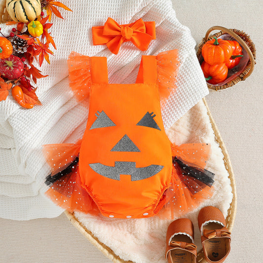 Halloween Baby Jumpsuit Children's Funny Pumpkin Mesh Romper