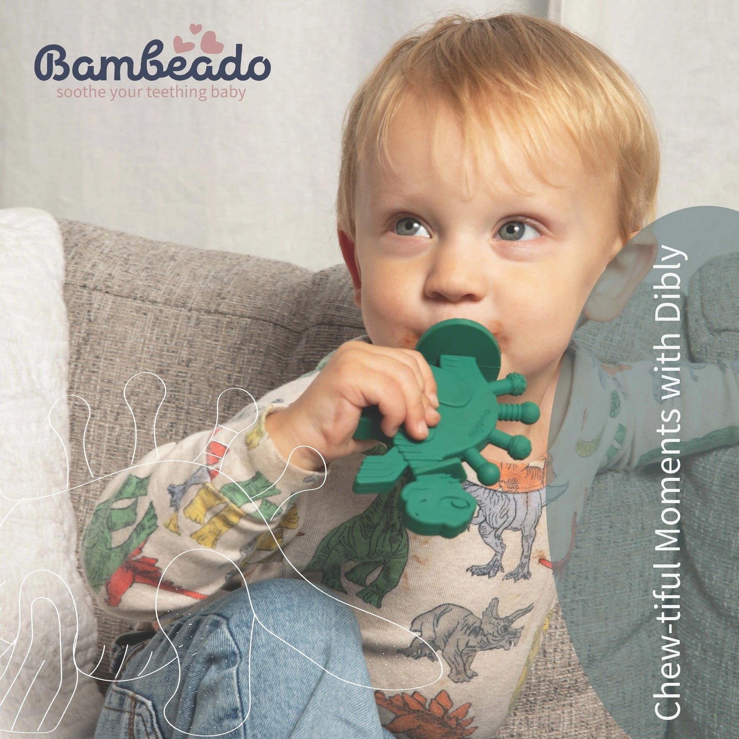 Dibly Baltic Amber & Natural Rubber Dinosaur Teether with Toothbrush Tail