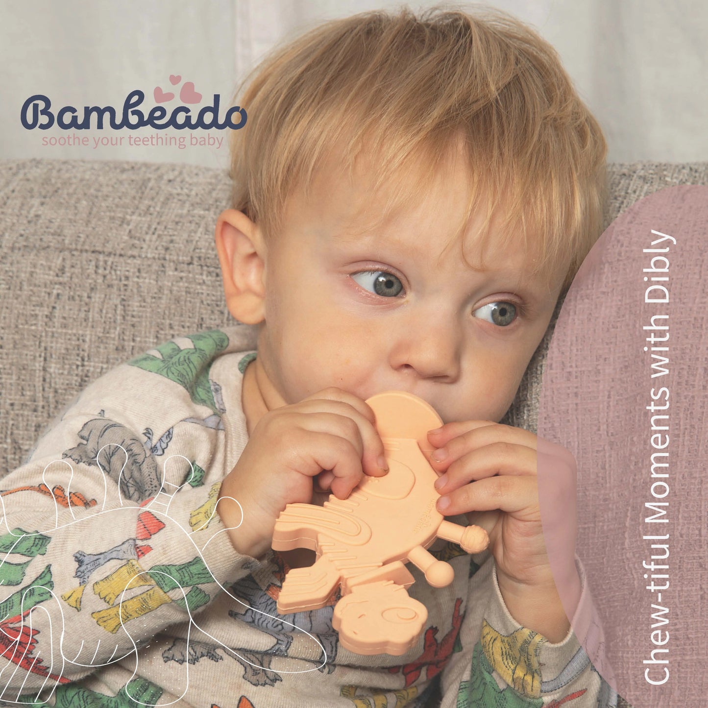Dibly Baltic Amber & Natural Rubber Dinosaur Teether with Toothbrush Tail