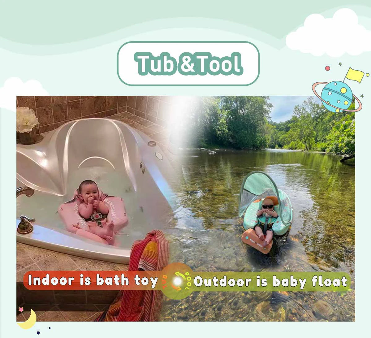 Foldable baby swim float with sun canopy and crotch strap – safe inflatable ring for infants and toddlers