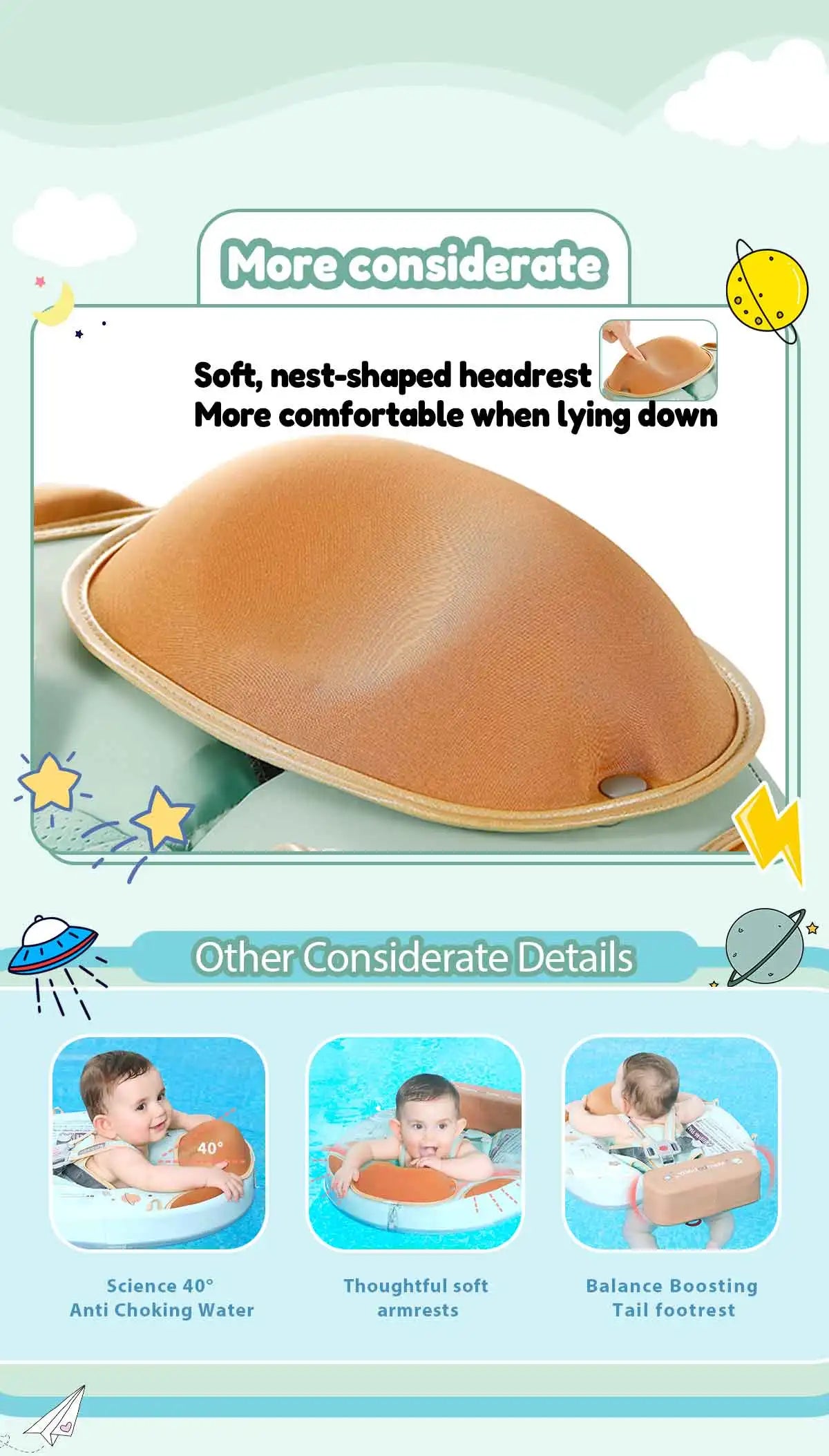 Foldable baby swim float with sun canopy and crotch strap – safe inflatable ring for infants and toddlers