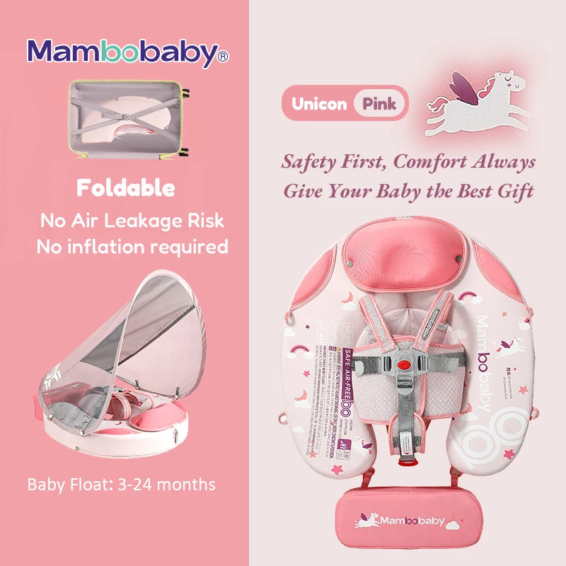 Foldable baby swim float with sun canopy and crotch strap – safe inflatable ring for infants and toddlers