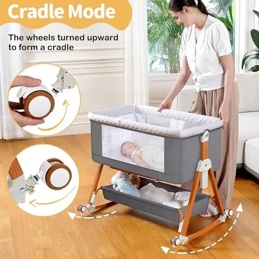 Baby Bassinet Portable Bedside Bassinet for Baby 3 in 1 Foldable Crib Travel Baby Crib Rocking 6 Adjustable Height with Wheels
