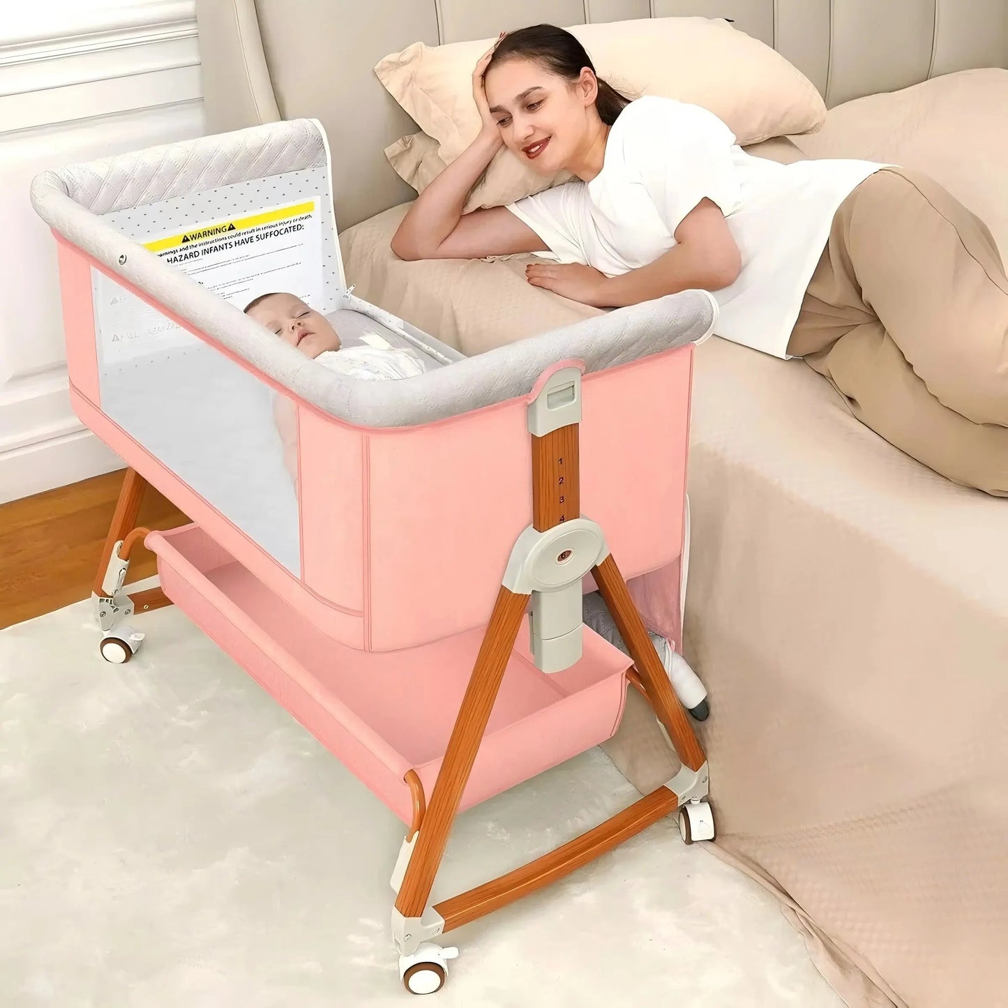 Baby Bassinet Portable Bedside Bassinet for Baby 3 in 1 Foldable Crib Travel Baby Crib Rocking 6 Adjustable Height with Wheels