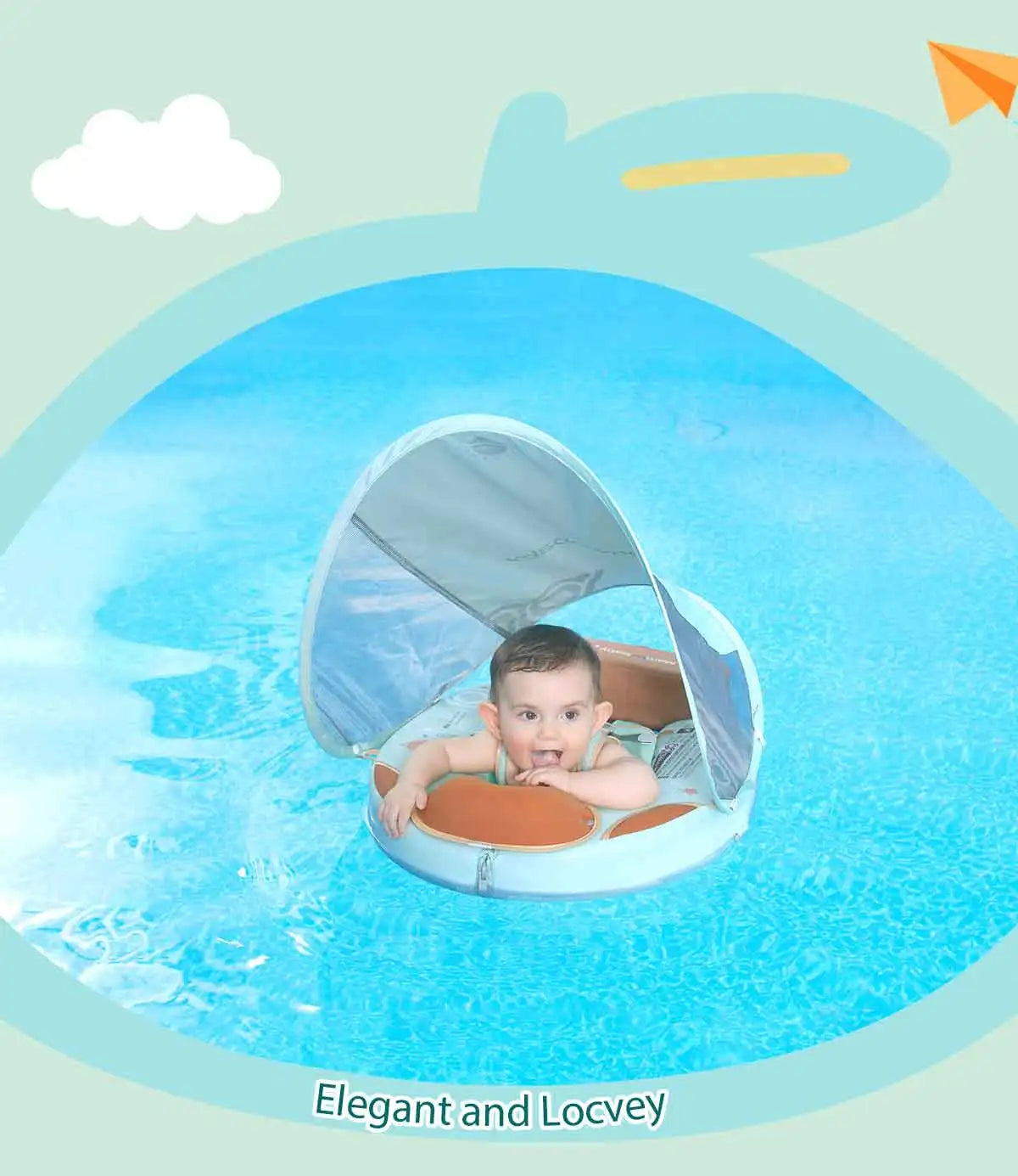 Foldable baby swim float with sun canopy and crotch strap – safe inflatable ring for infants and toddlers