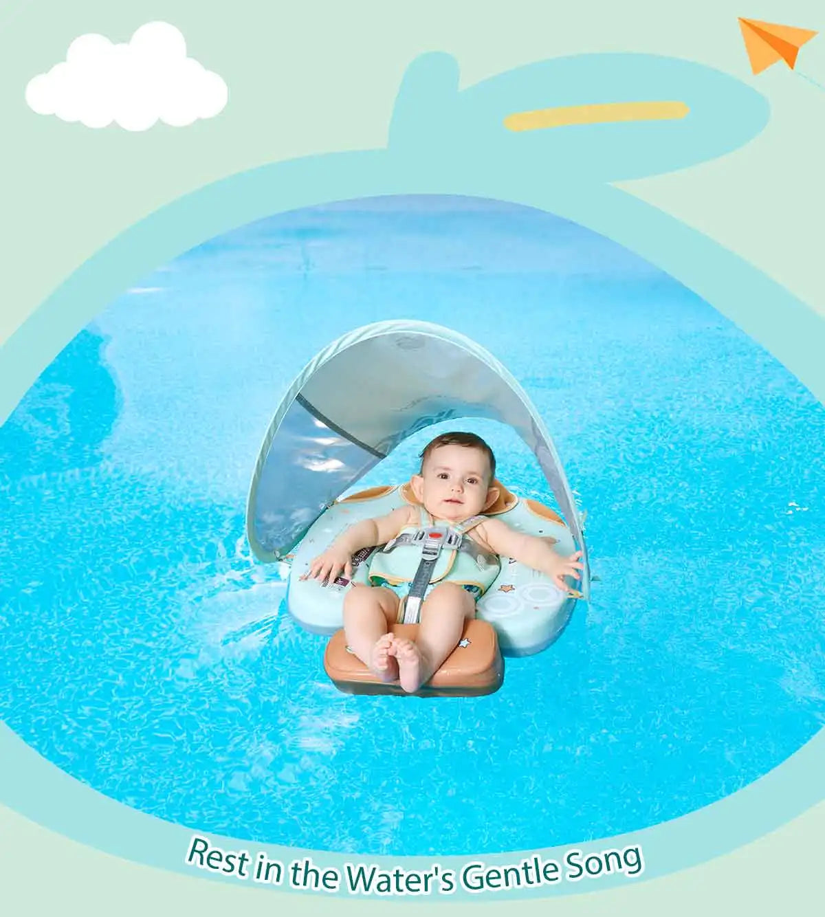 Foldable baby swim float with sun canopy and crotch strap – safe inflatable ring for infants and toddlers
