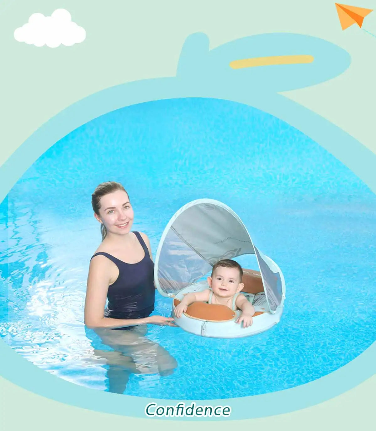 Foldable baby swim float with sun canopy and crotch strap – safe inflatable ring for infants and toddlers