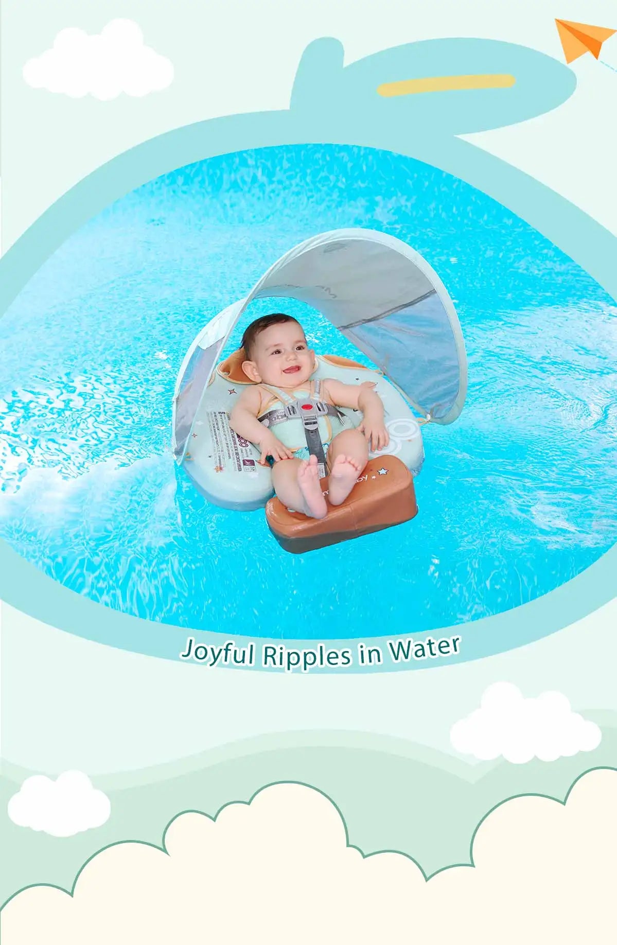 Foldable baby swim float with sun canopy and crotch strap – safe inflatable ring for infants and toddlers