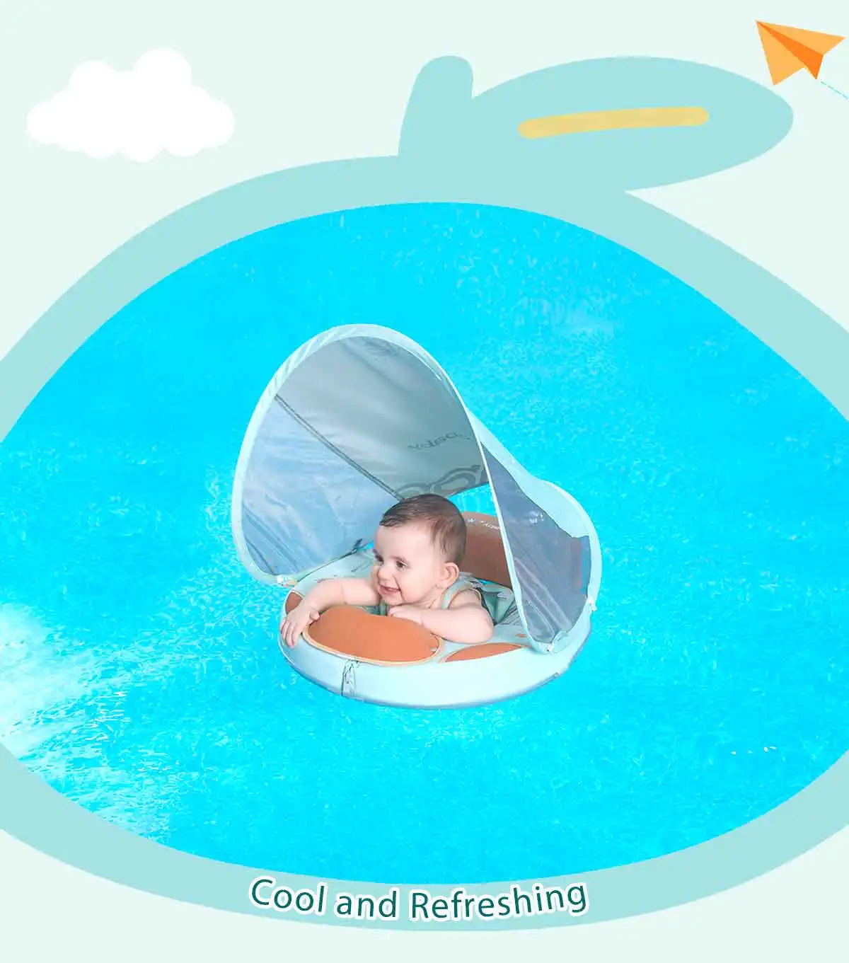 Foldable baby swim float with sun canopy and crotch strap – safe inflatable ring for infants and toddlers