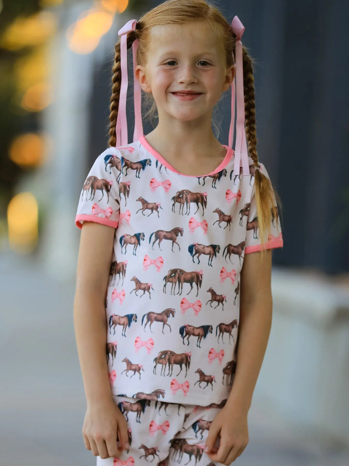 Girls Western Horse Bow Pajamas Set Print Rylee Faith Designs