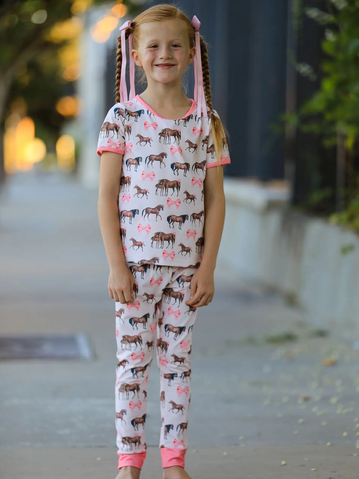 Girls Western Horse Bow Pajamas Set Print Rylee Faith Designs