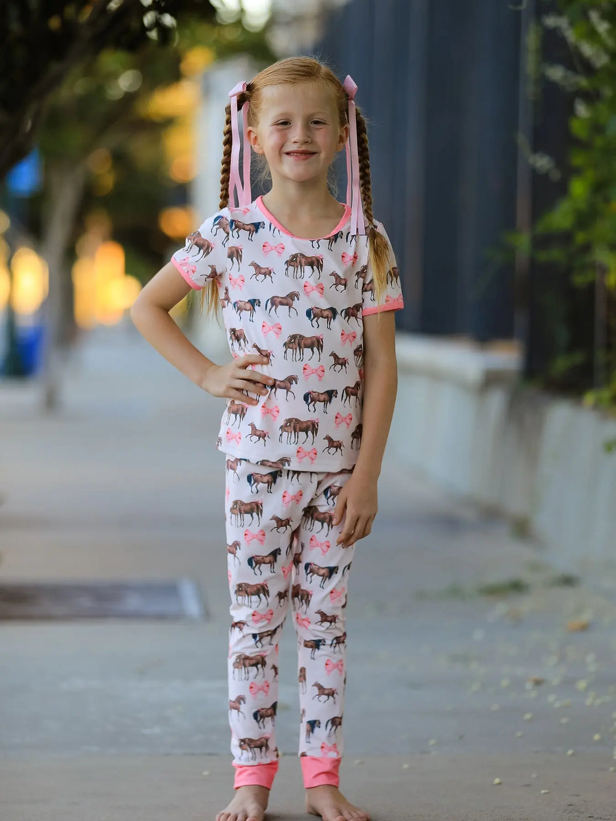 Girls Western Horse Bow Pajamas Set Print Rylee Faith Designs