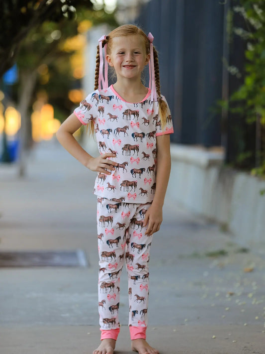 Girls Western Horse Bow Pajamas Set Print Rylee Faith Designs