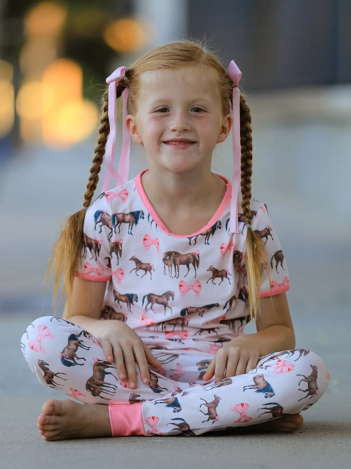 Girls Western Horse Bow Pajamas Set Print Rylee Faith Designs