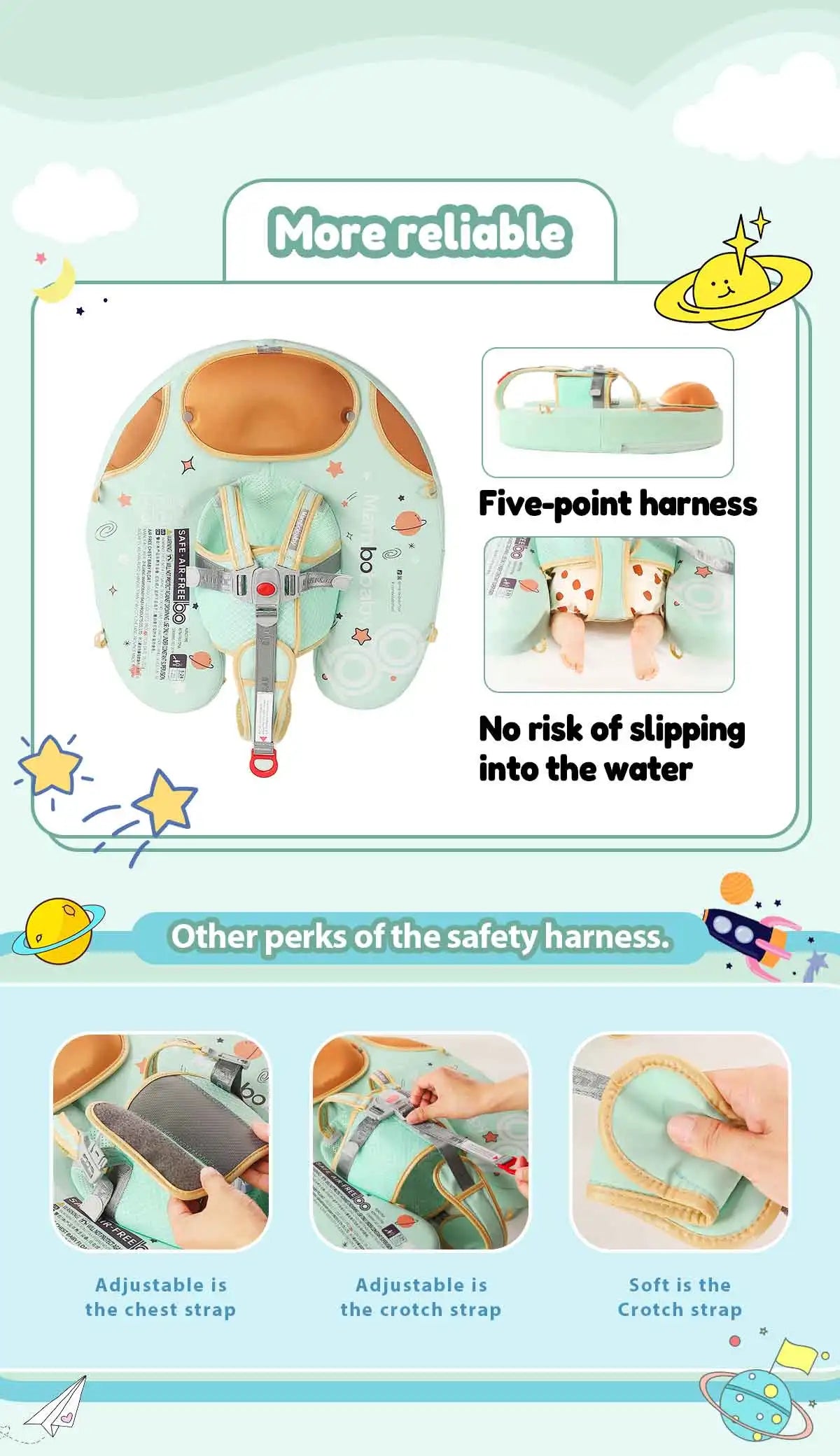 Foldable baby swim float with sun canopy and crotch strap – safe inflatable ring for infants and toddlers