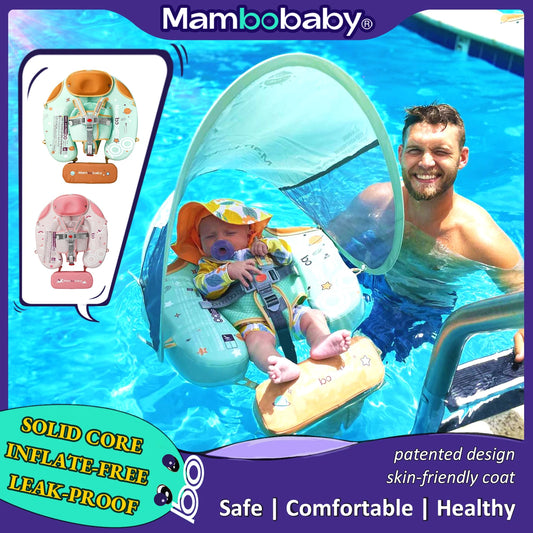 Foldable baby swim float with sun canopy and crotch strap – safe inflatable ring for infants and toddlers