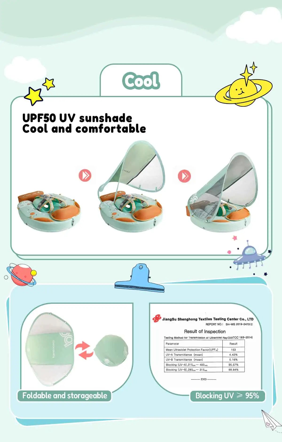 Foldable baby swim float with sun canopy and crotch strap – safe inflatable ring for infants and toddlers
