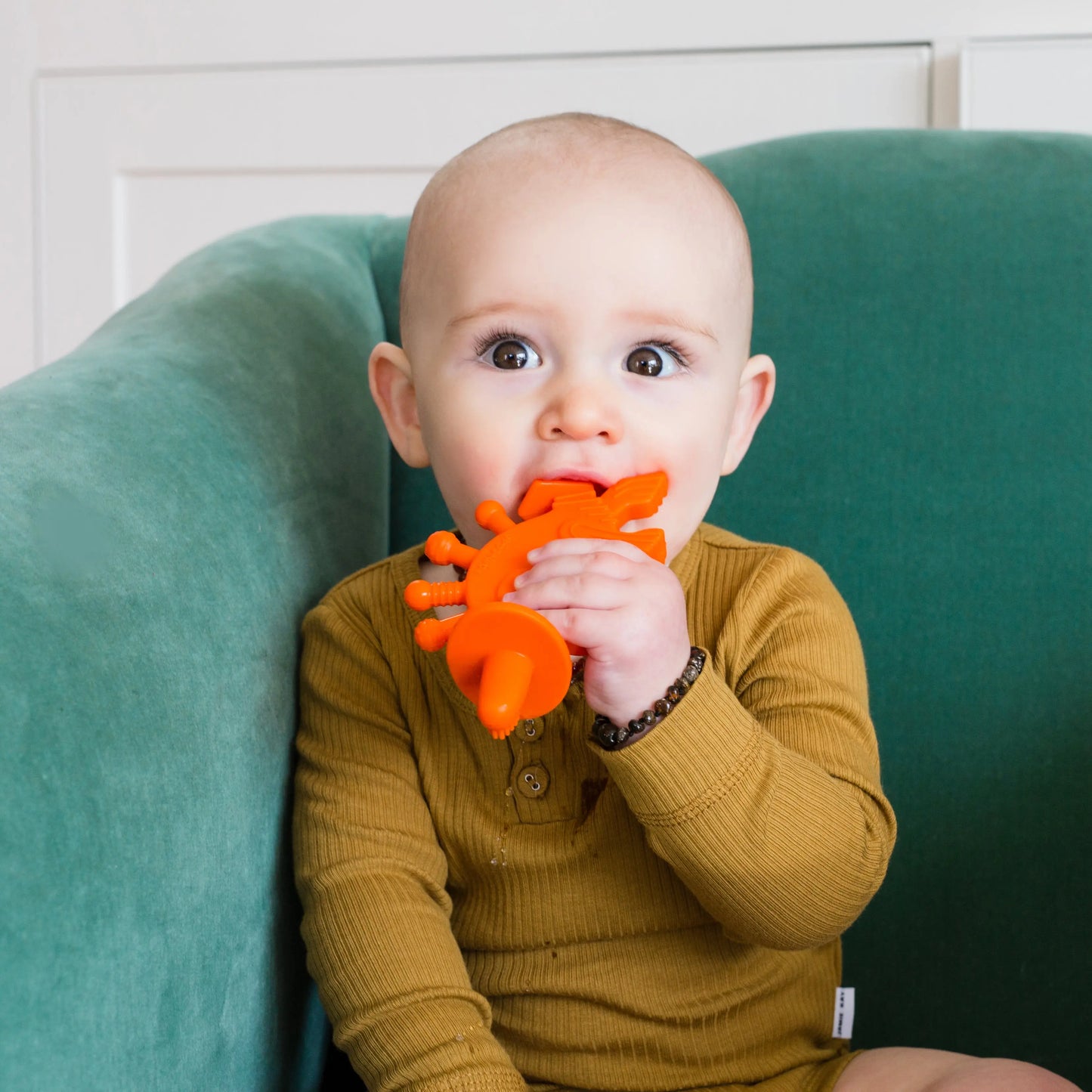 Dibly Baltic Amber & Natural Rubber Dinosaur Teether with Toothbrush Tail