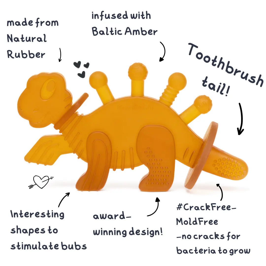 Dibly Baltic Amber & Natural Rubber Dinosaur Teether with Toothbrush Tail