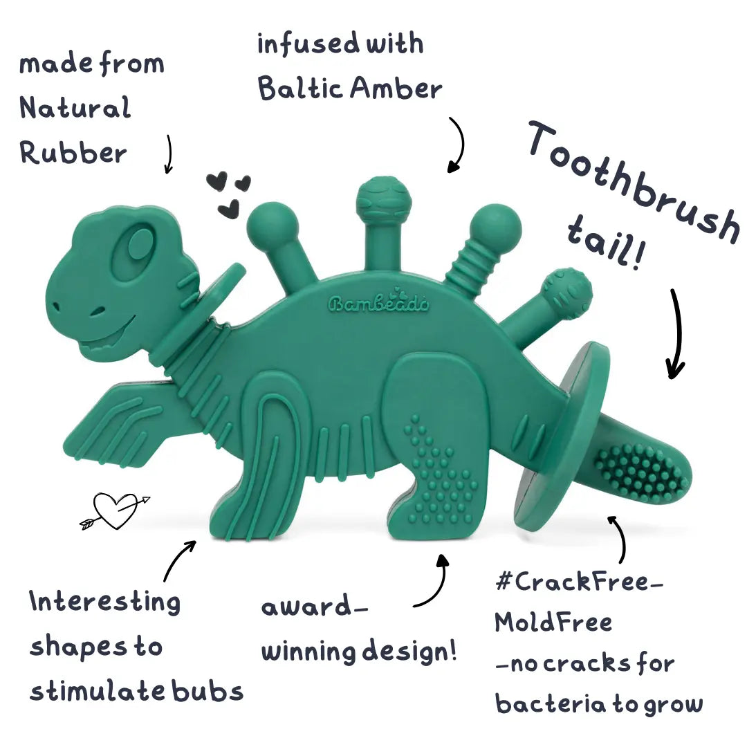 Dibly Baltic Amber & Natural Rubber Dinosaur Teether with Toothbrush Tail
