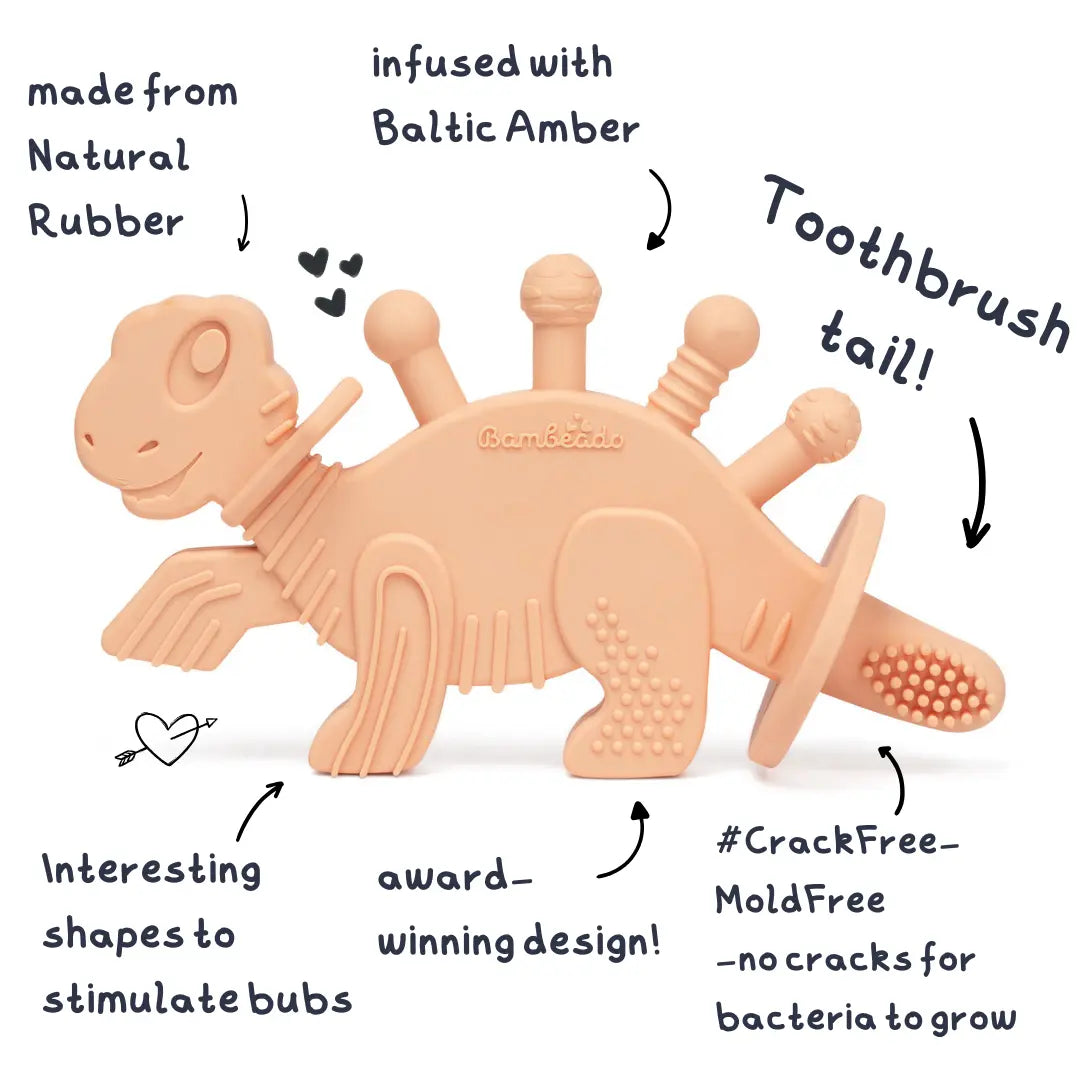 Dibly Baltic Amber & Natural Rubber Dinosaur Teether with Toothbrush Tail