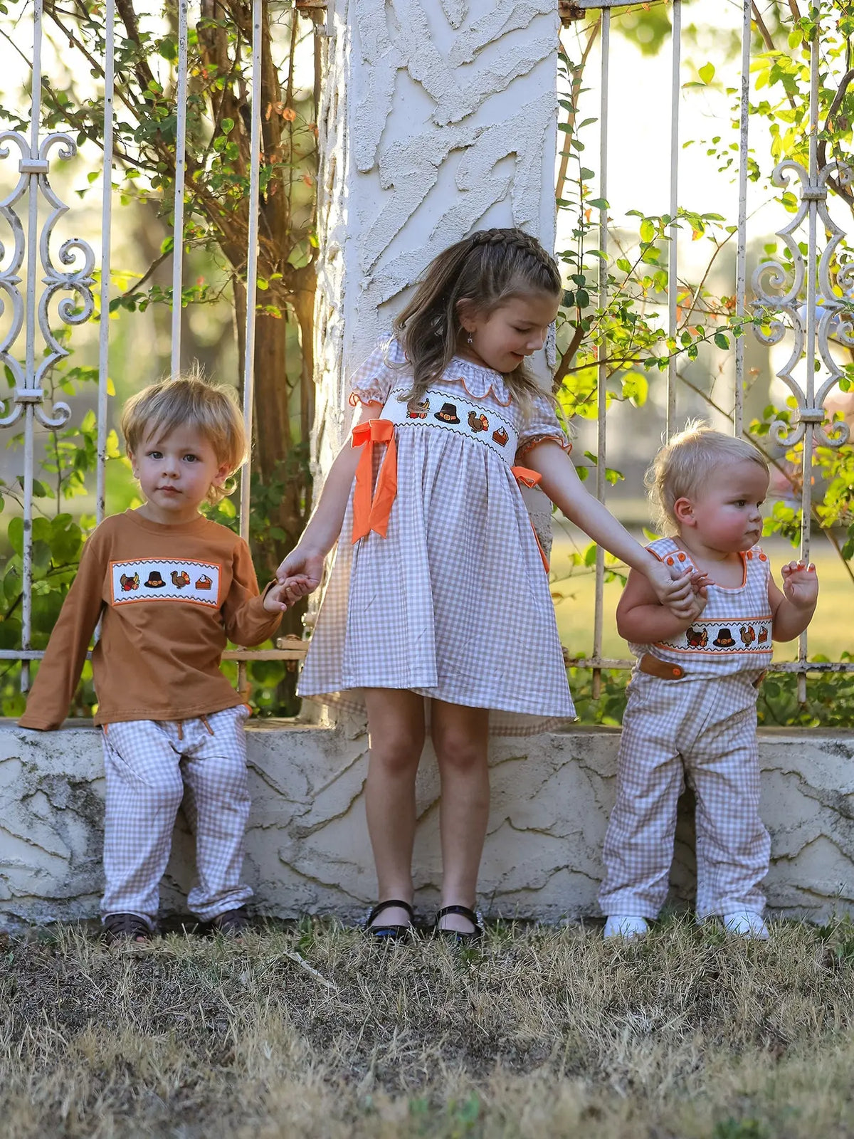 Thanksgiving Boys Embroidered Shirt Gingham Pants Set Fall Outfit
