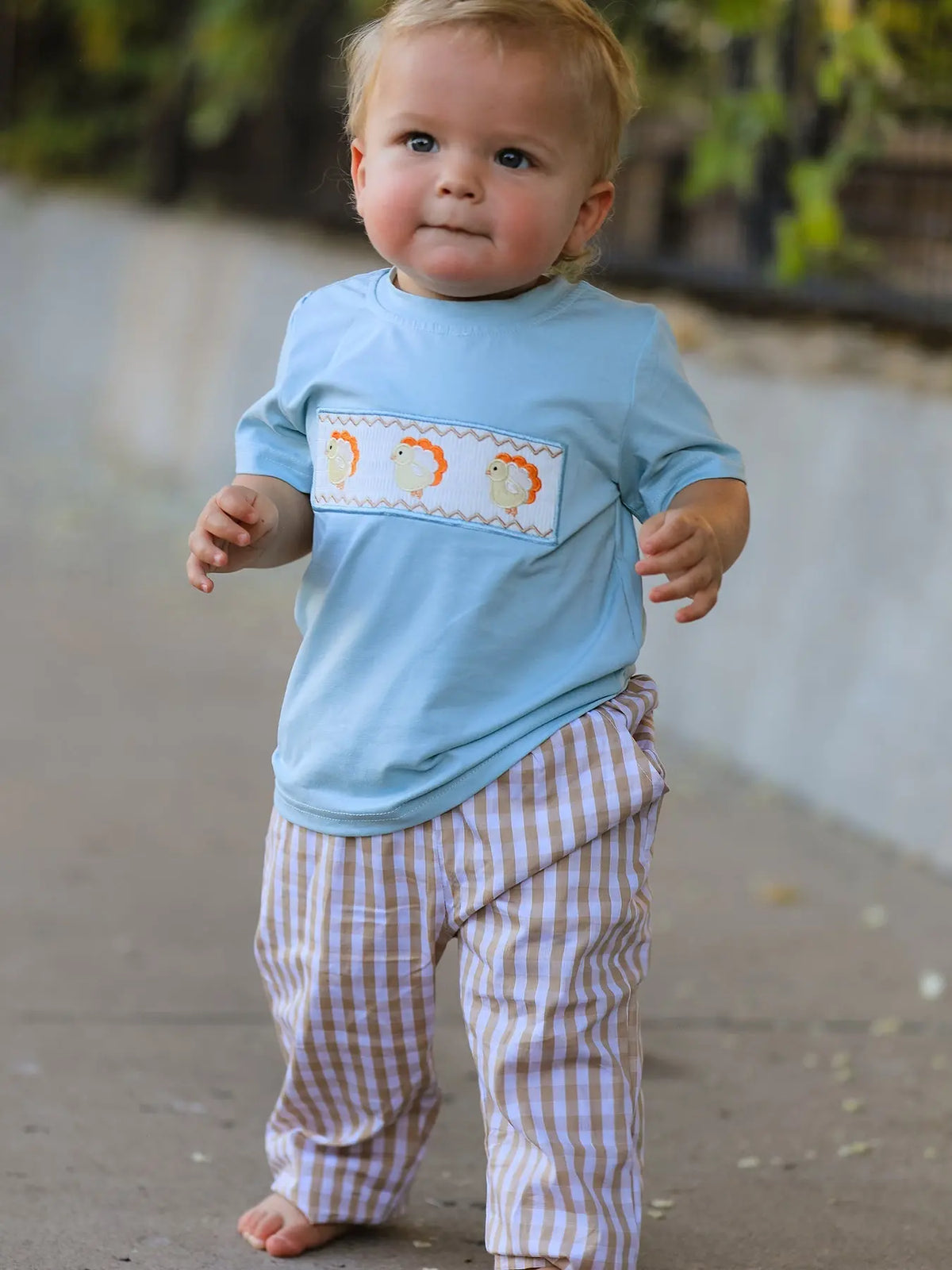 Fall Thanksgiving Plaid Chick Embroidery Smocking Boys Set Rylee Faith Designs