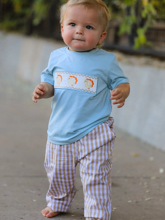 Fall Thanksgiving Plaid Chick Embroidery Smocking Boys Set Rylee Faith Designs