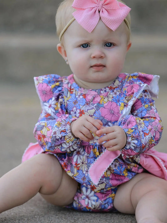 Fall Vintage Floral Print Girls Long Sleeve Romper