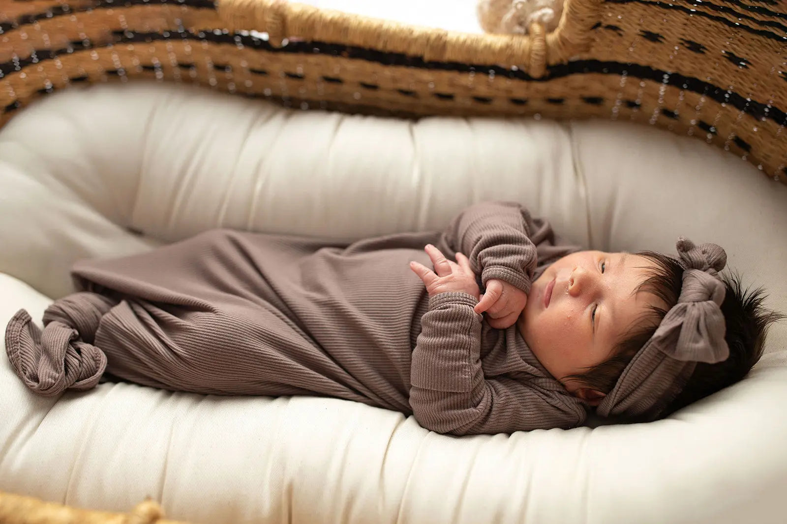 Cocoa Brown Ribbed Knotted Newborn Baby Gown Three Little Tots