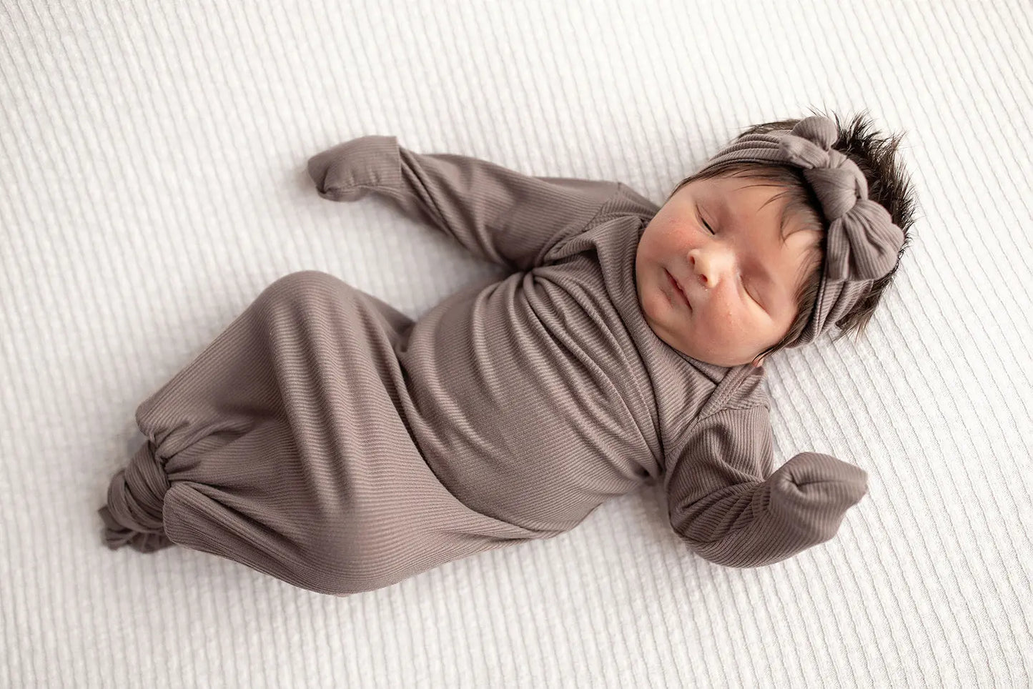 Cocoa Brown Ribbed Knotted Newborn Baby Gown Three Little Tots
