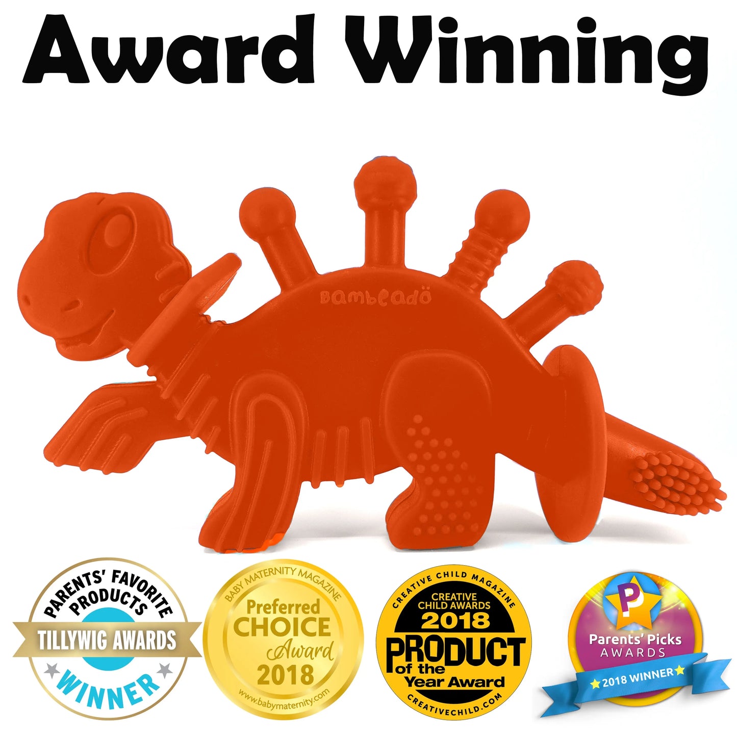 Dibly Baltic Amber & Natural Rubber Dinosaur Teether with Toothbrush Tail