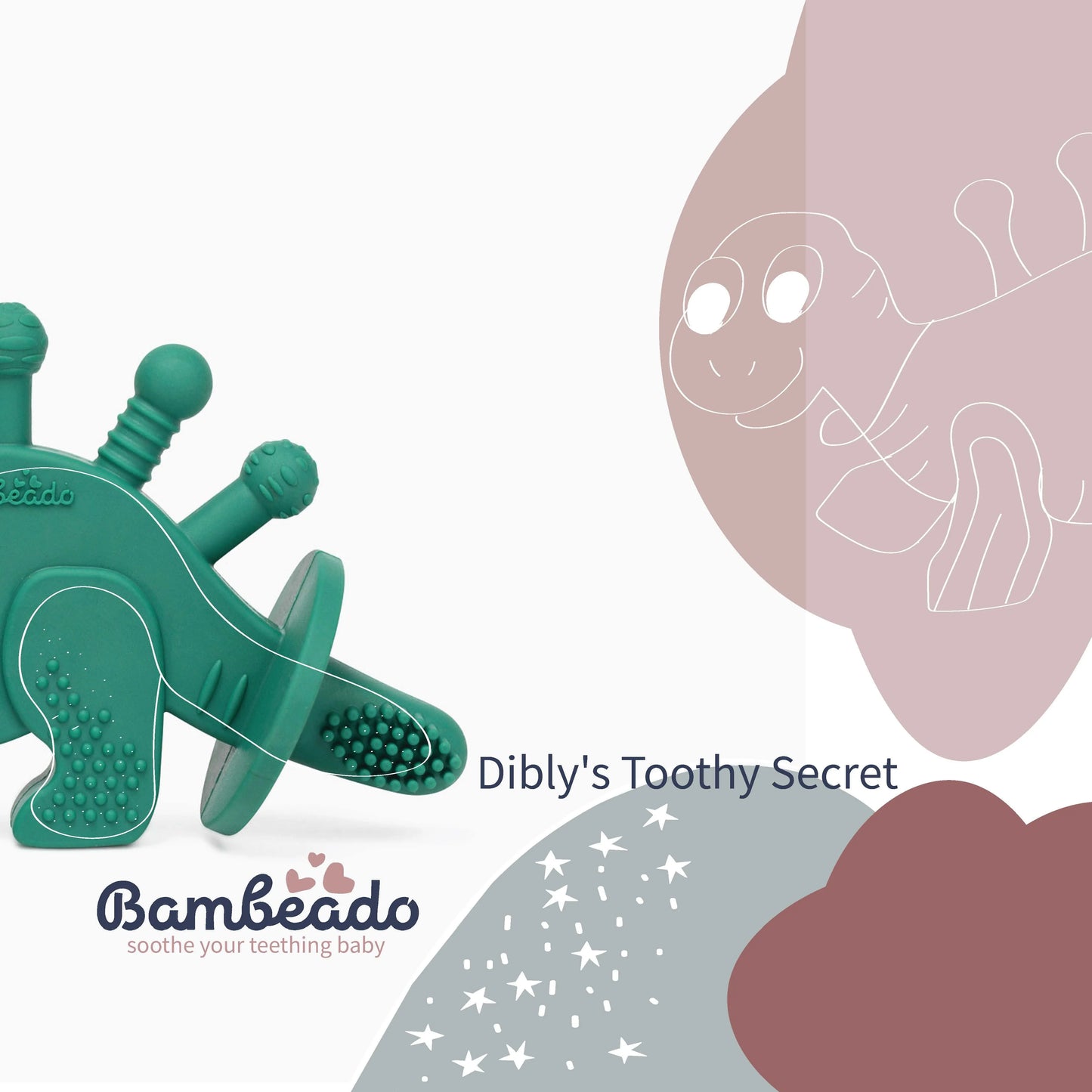 Dibly Baltic Amber & Natural Rubber Dinosaur Teether with Toothbrush Tail