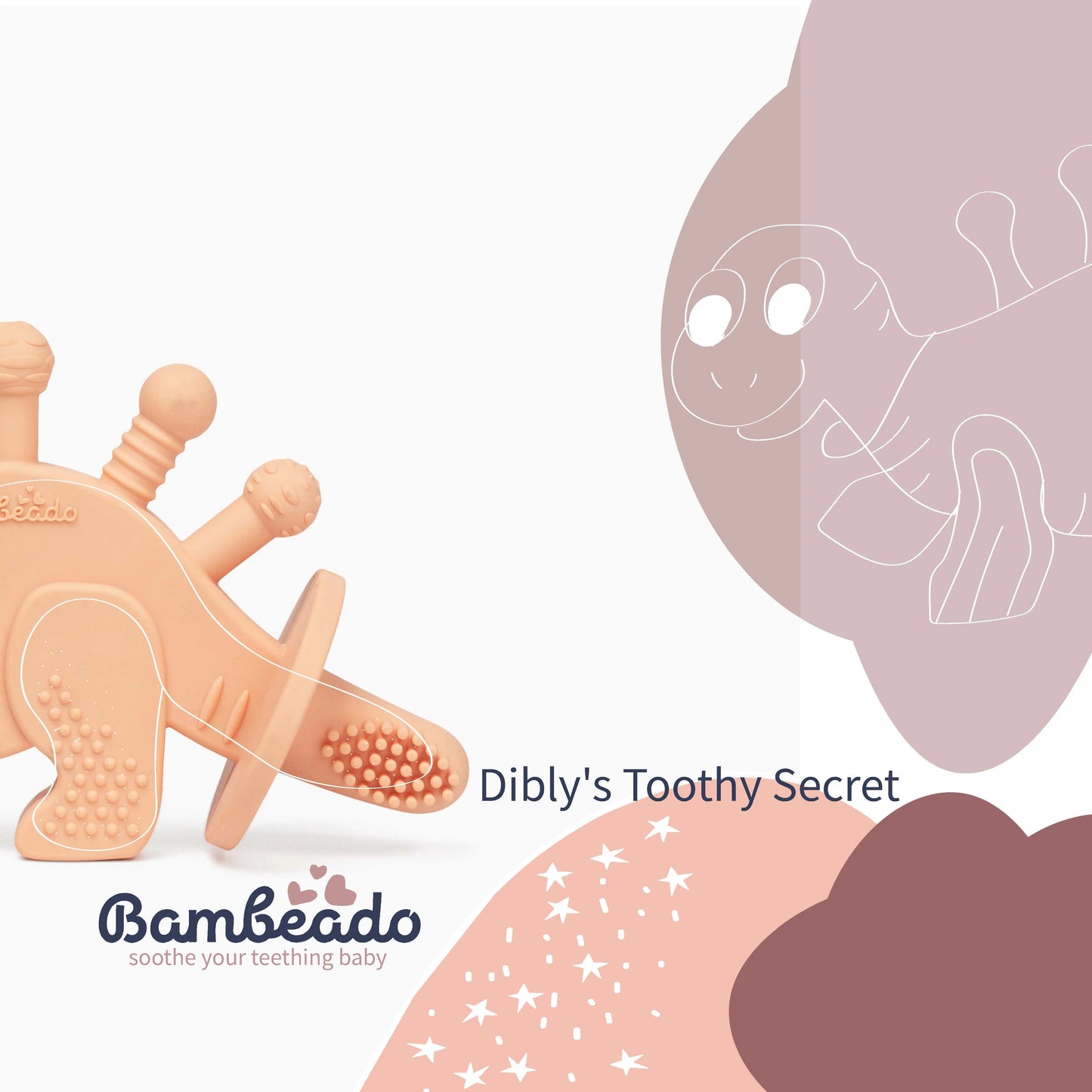 Dibly Baltic Amber & Natural Rubber Dinosaur Teether with Toothbrush Tail
