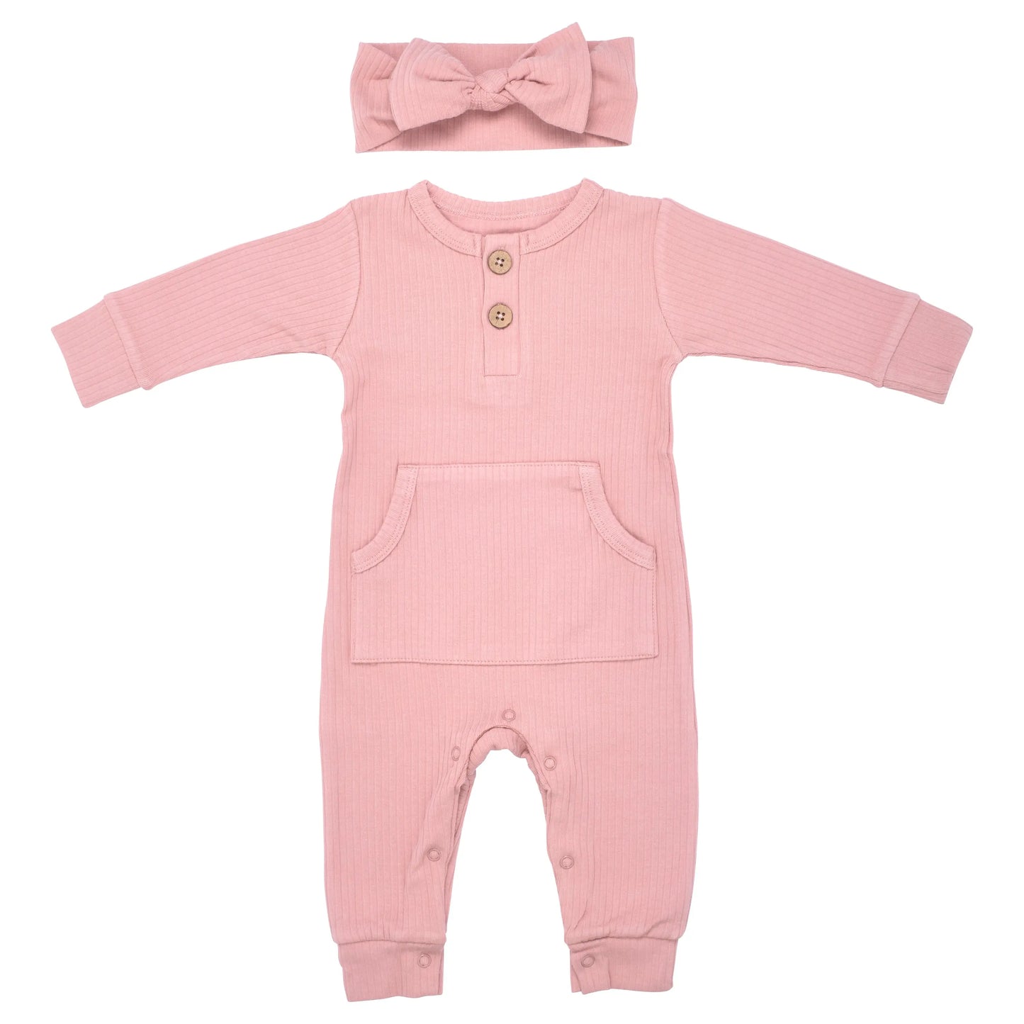 Dusty Rose Pink Baby Ribbed Playsuit with pockets Three Little Tots