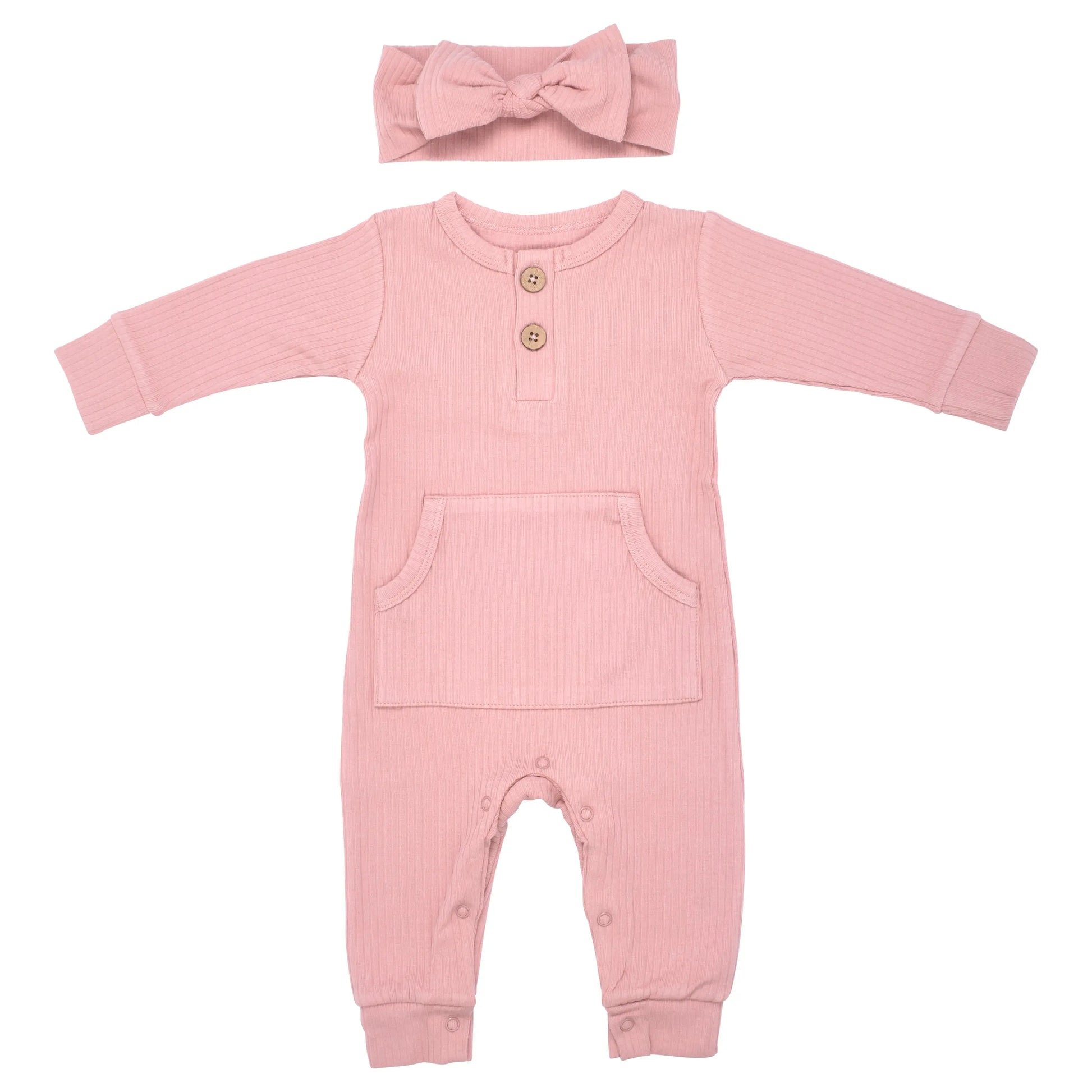 Dusty Rose Pink Baby Ribbed Playsuit with pockets Three Little Tots