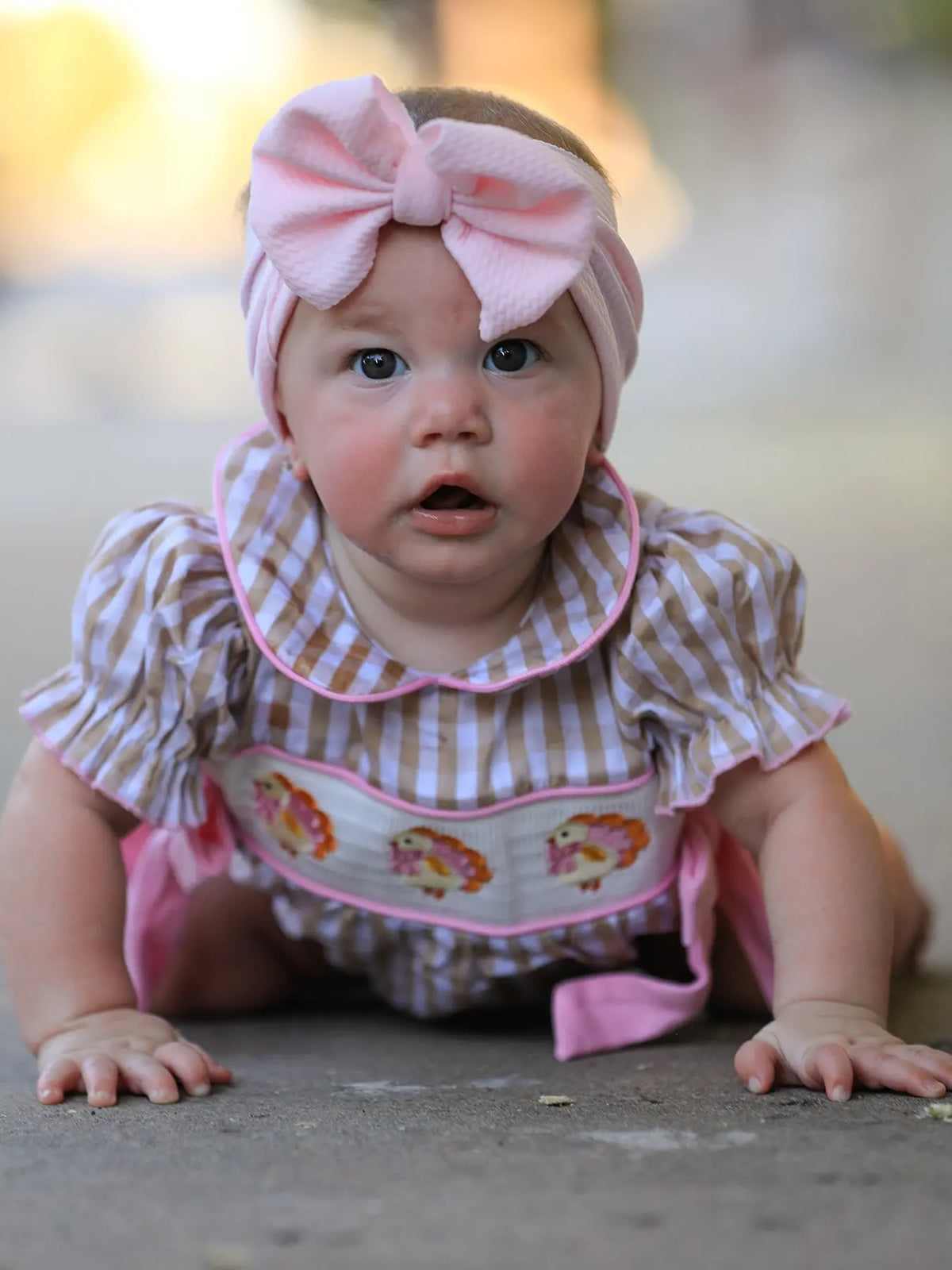 Fall Thanksgiving Lapel Plaid Chick Embroidery Smocking Bow Baby Girls Romper Rylee Faith Designs