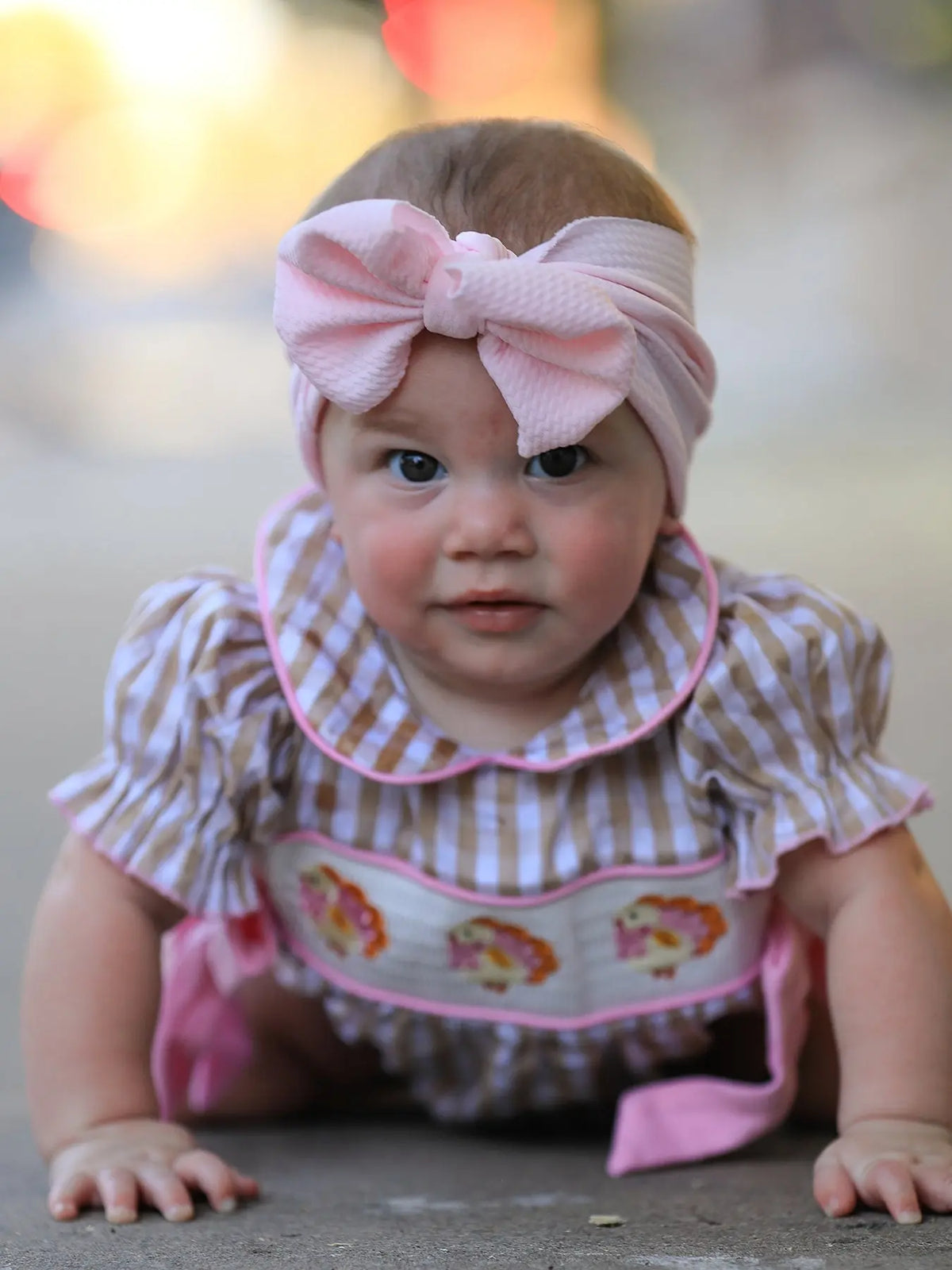 Fall Thanksgiving Lapel Plaid Chick Embroidery Smocking Bow Baby Girls Romper Rylee Faith Designs