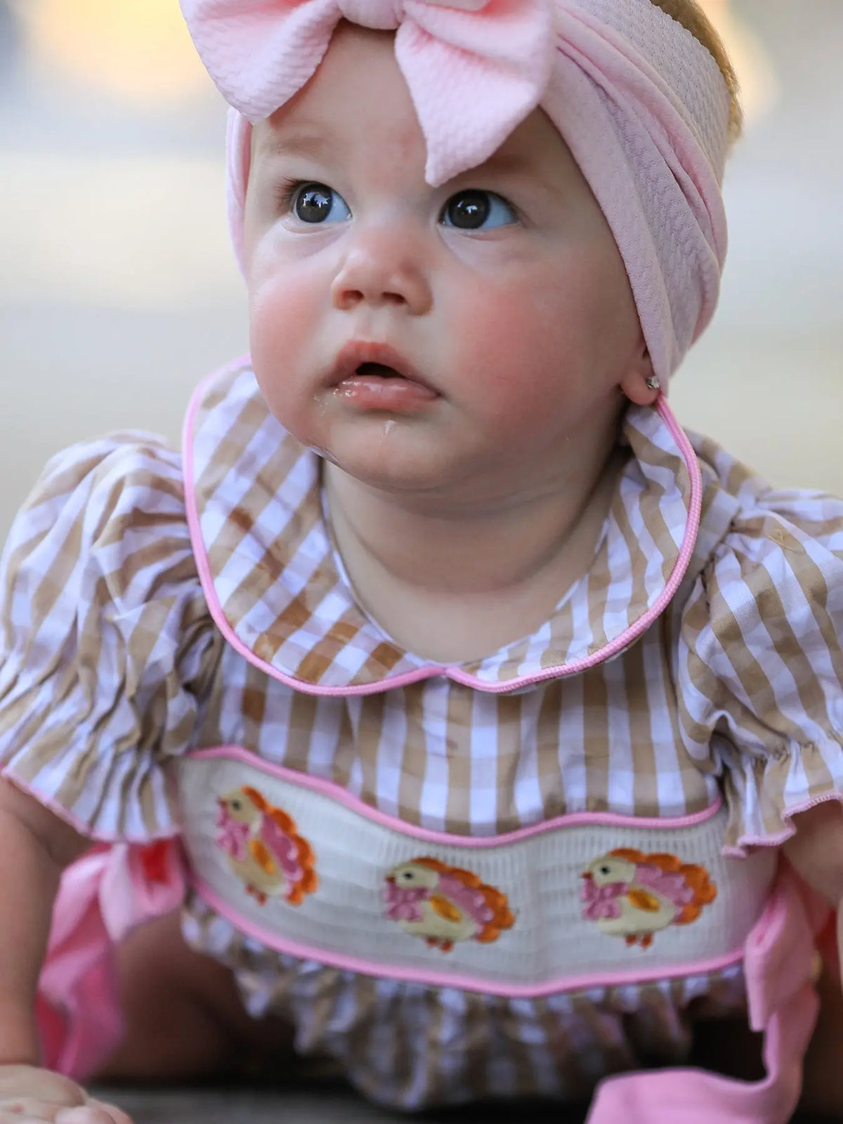 Fall Thanksgiving Lapel Plaid Chick Embroidery Smocking Bow Baby Girls Romper Rylee Faith Designs