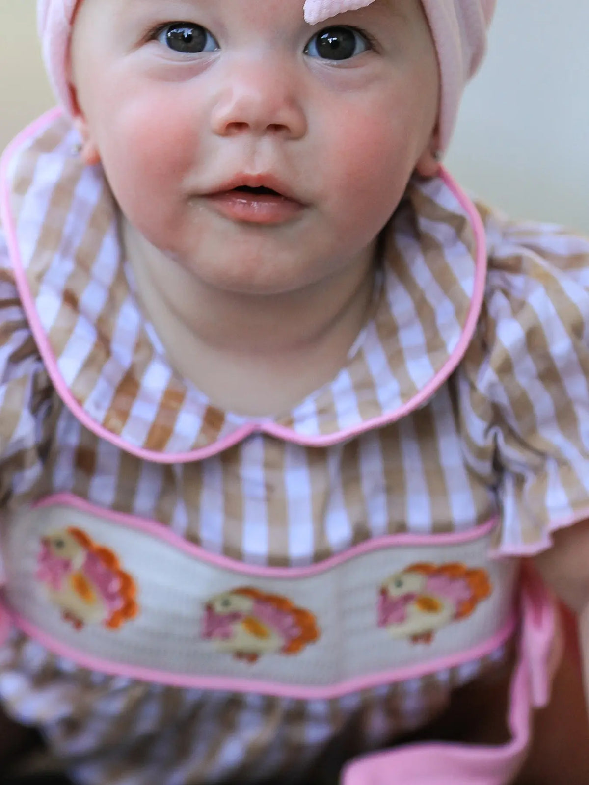 Fall Thanksgiving Lapel Plaid Chick Embroidery Smocking Bow Baby Girls Romper Rylee Faith Designs