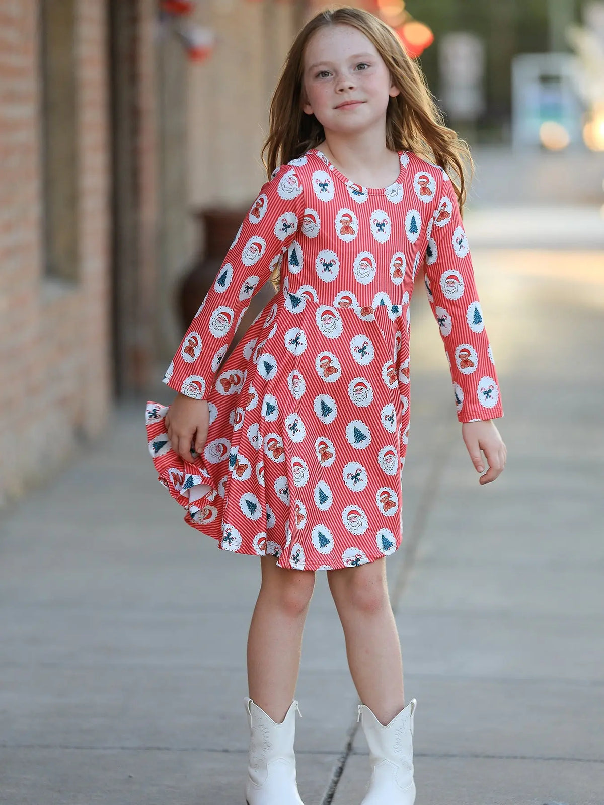 Christmas Girls' Santa and Tree Striped Dress