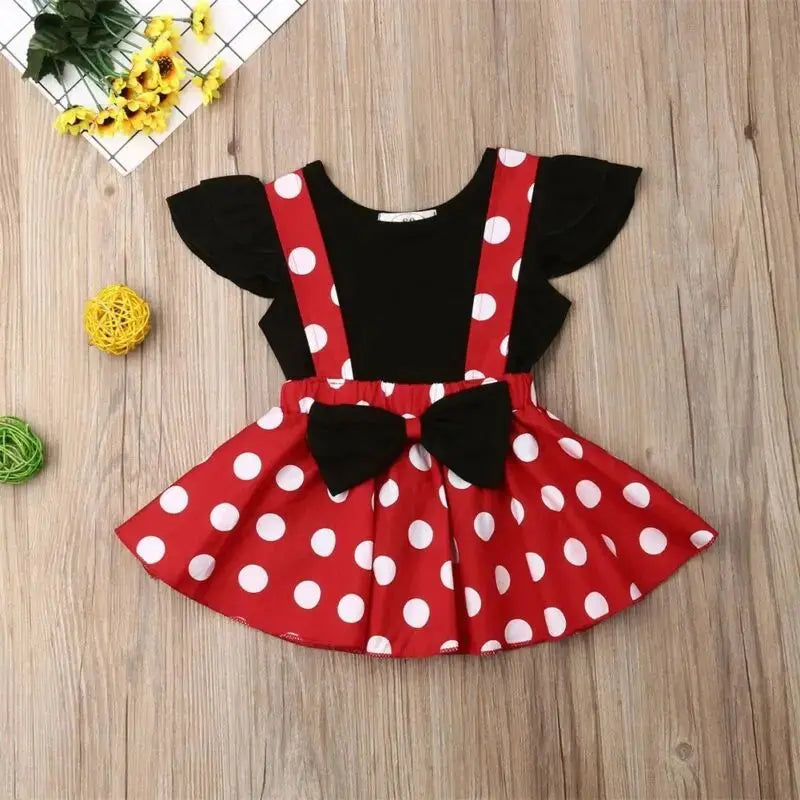 2019 Baby Summer Clothing Toddler Kid Baby Girls Solid Tops T-shirt+Bowknot Suspender Dots Print Skirt 2PCS Outfit Clothes 6M-3T